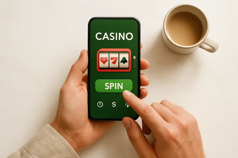 Man tapping mobile casino interface on phone at marble desk