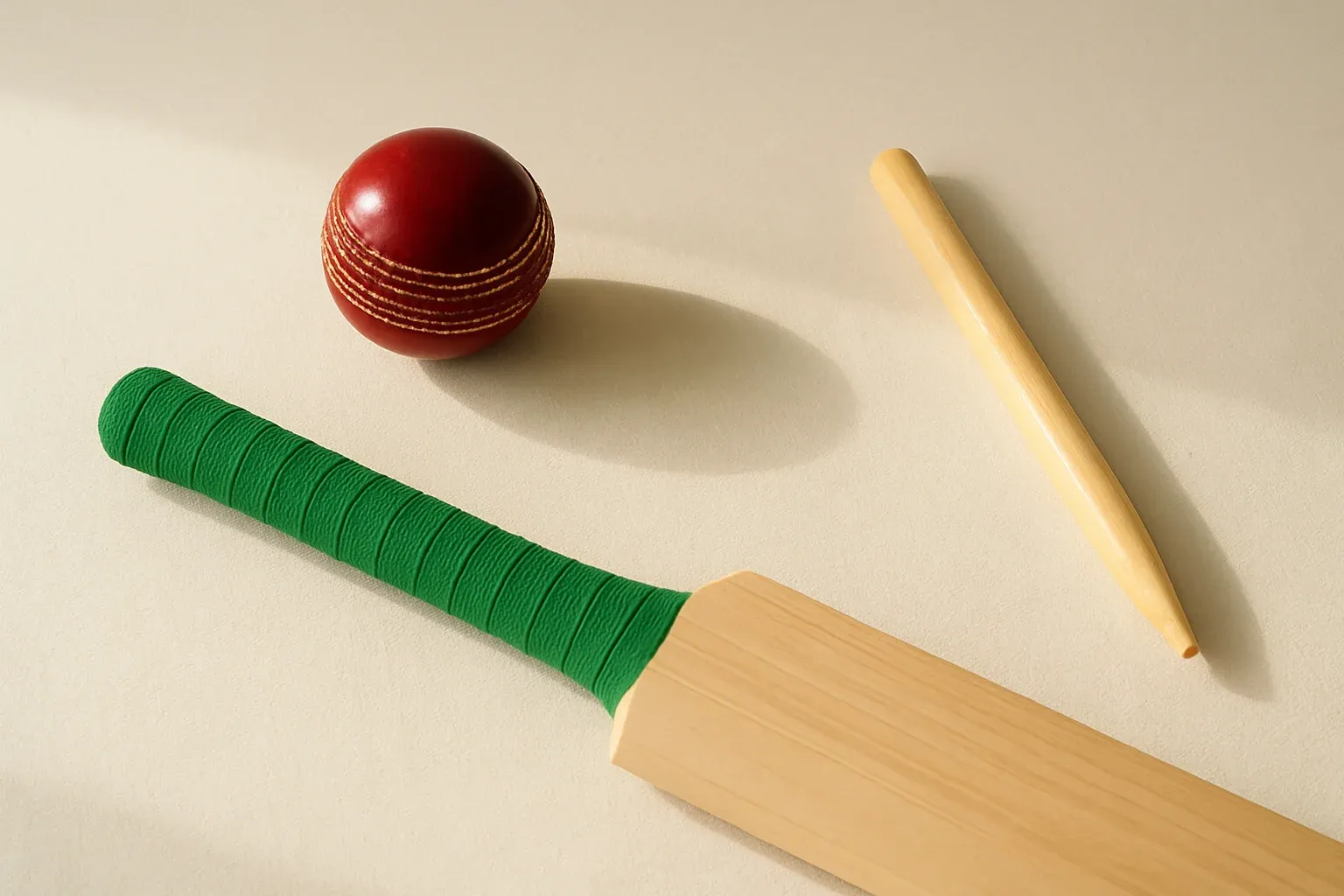 Overhead flat lay of cricket ball, bat handle, and stump