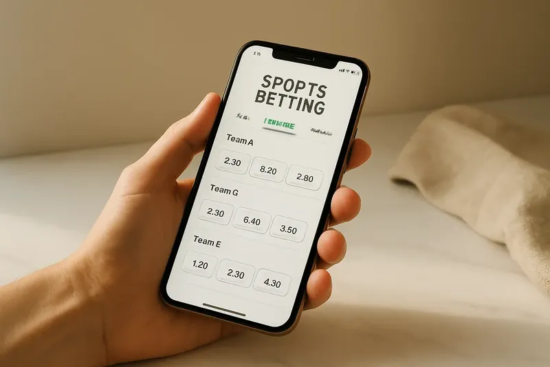 Hand holding smartphone showing sports betting odds on marble surface