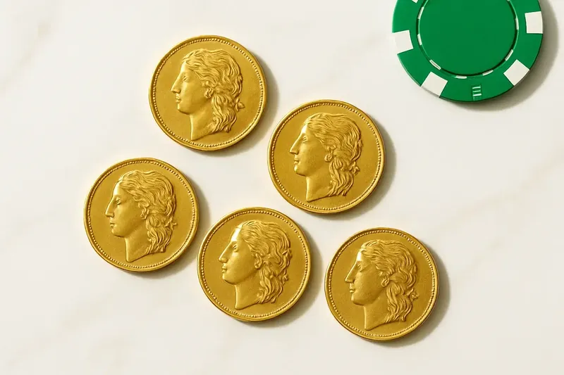 Five gold coins on cream marble with poker chip edge