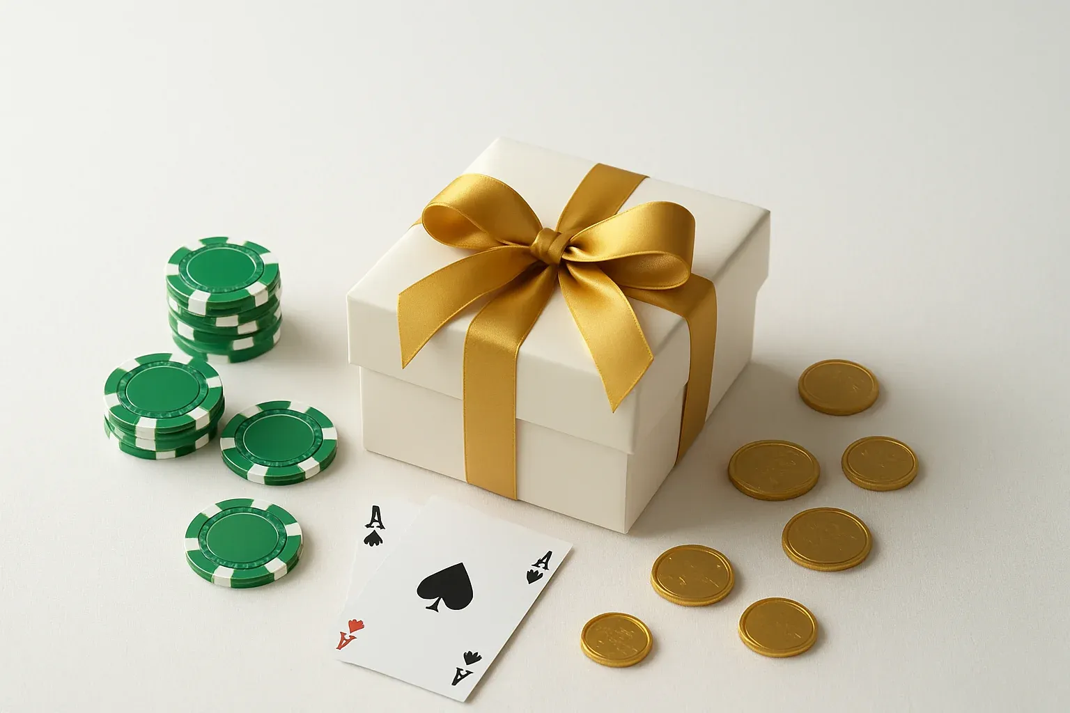 Premium gift box with casino chips, playing cards, and gold coins