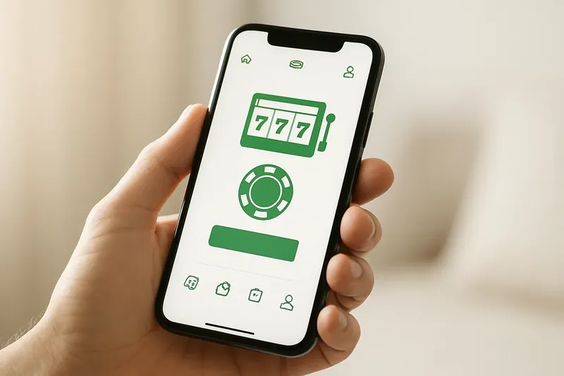Hand holding smartphone displaying clean light-themed casino app interface