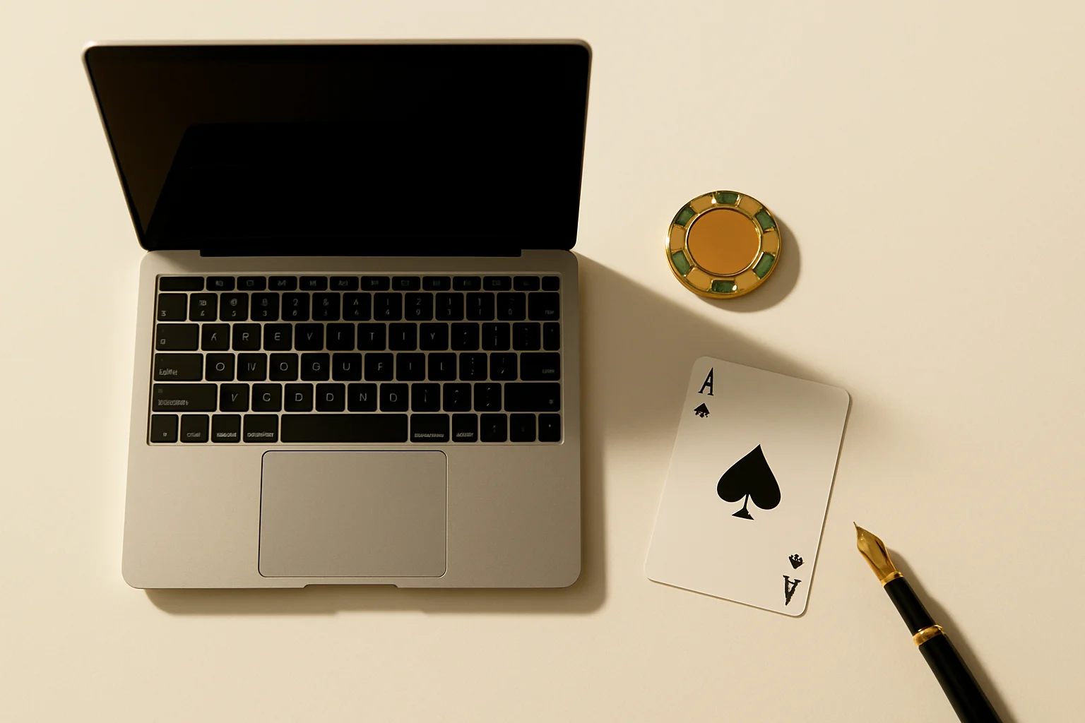 Casino Desk Flatlay Overhead glass-top desk with laptop, casino chip, ace card, fountain pen