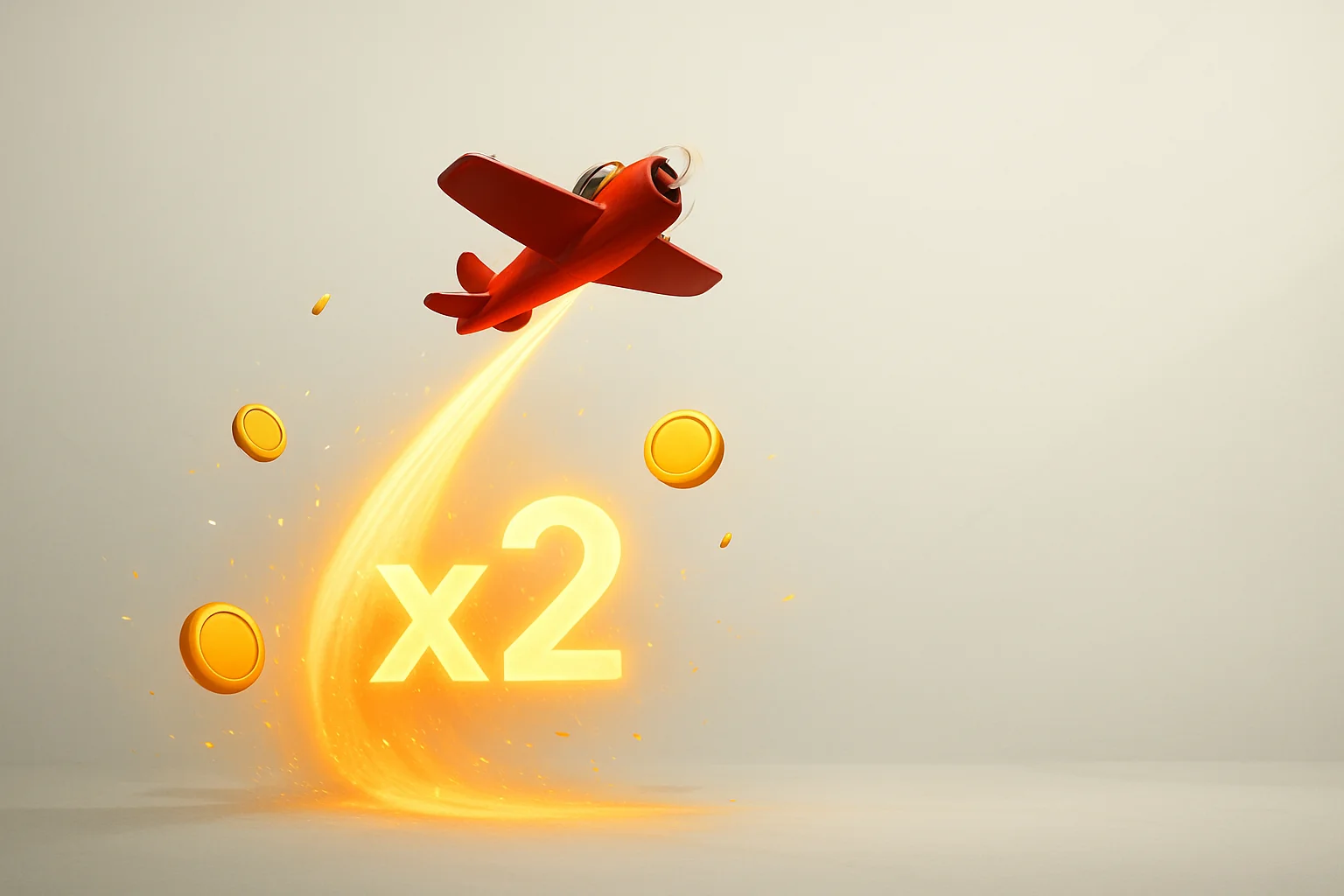 Red airplane climbing with glowing multiplier trail, coins, and sparks