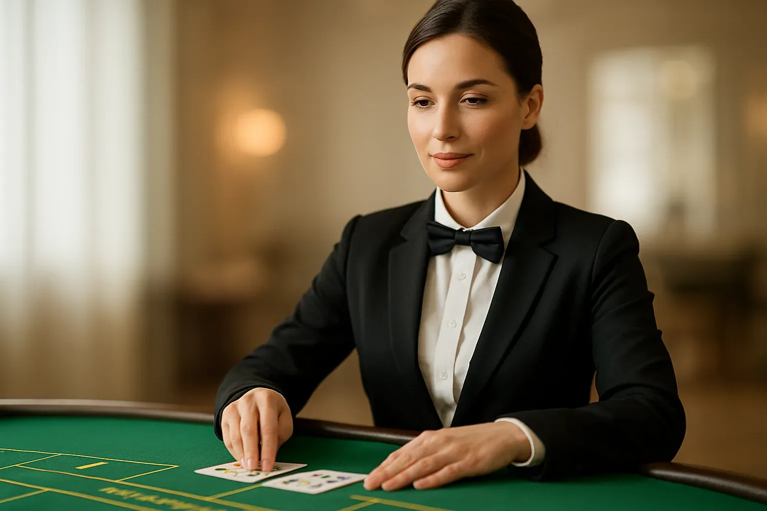 Professional female dealer at elegant live baccarat table in casino
