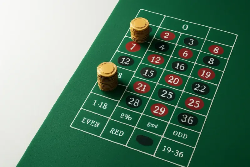Top-down view of roulette table layout with chips on green felt