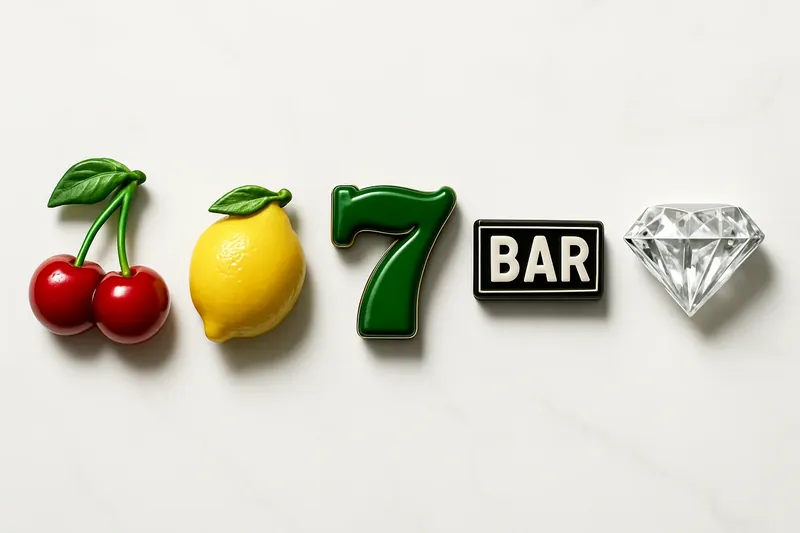 Five polished slot symbols in a neat row on white marble