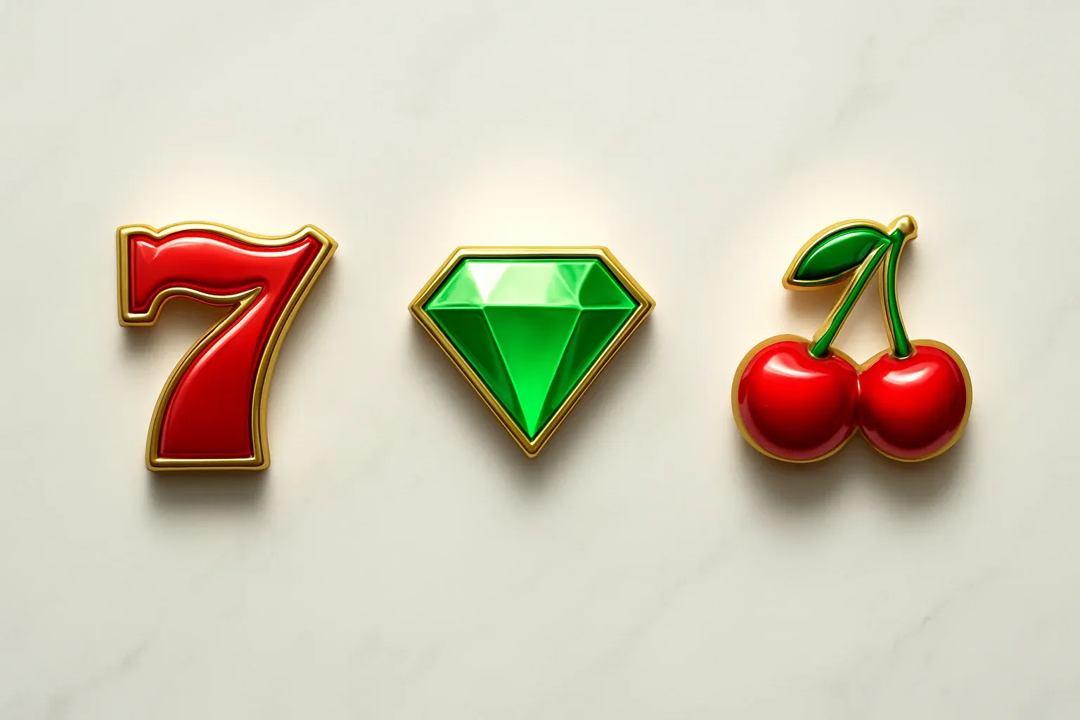 Three polished slot symbols on white marble with warm spotlights